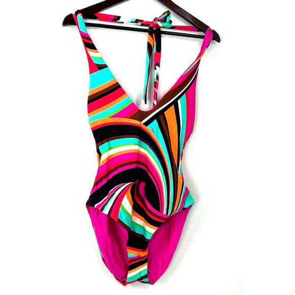 New Trina Turk Swoop Reversible Halter One Piece Swimsuit Womens Size 8 1408T4 - Picture 5 of 12